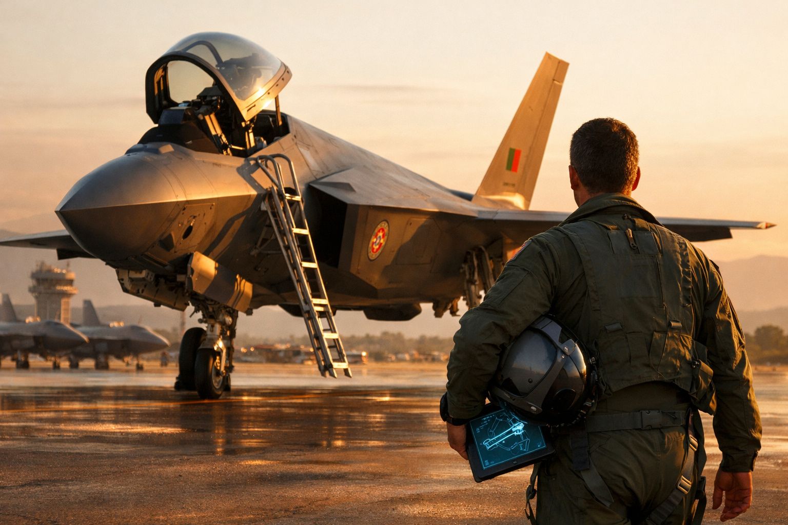 Piloto militar com fato de voo encara caça F-35 na pista durante pôr do sol, segurando capacete e tablet.