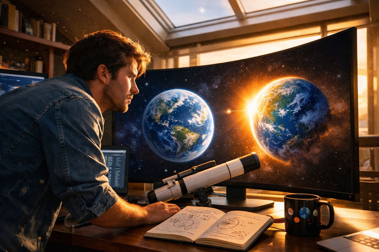 Homem observa imagens do espaço com planetas na tela do computador, com livro e telescópio na mesa.