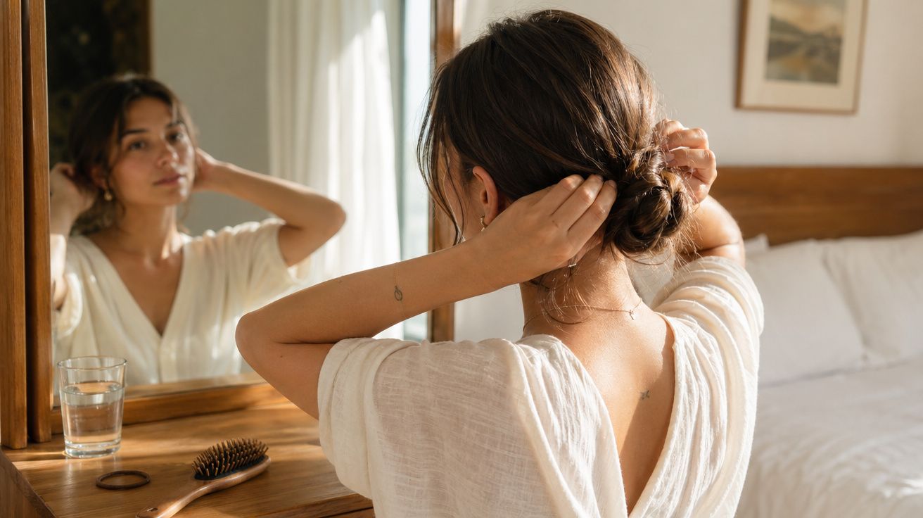 Mulher arruma o cabelo apanhado diante de um espelho numa divisão com cama e madeira clara.