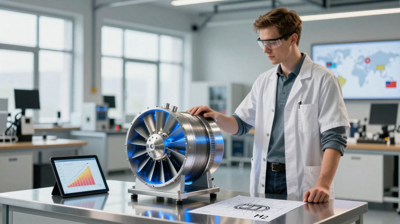 Engenheiro com bata e óculos de proteção examina motor a jato em laboratório moderno.