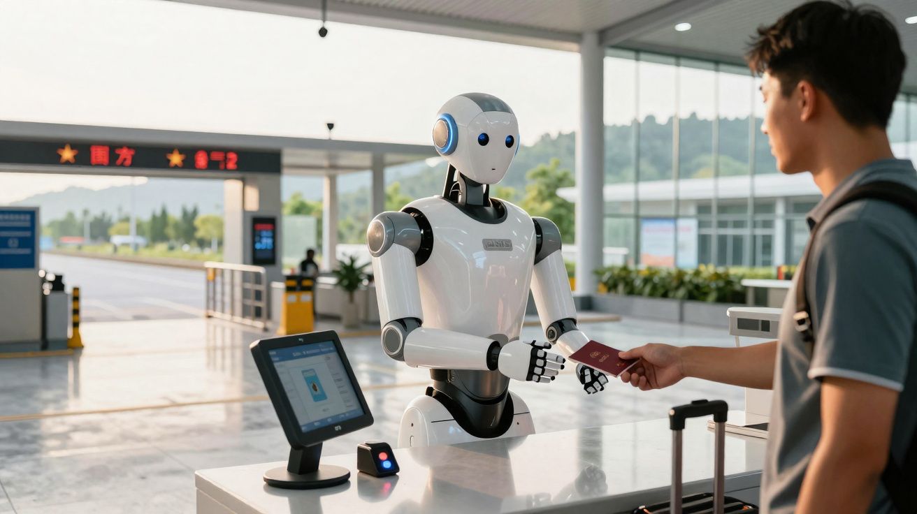 Robô branco com detalhes negros a receber passaporte de homem num balcão de aeroporto moderno.