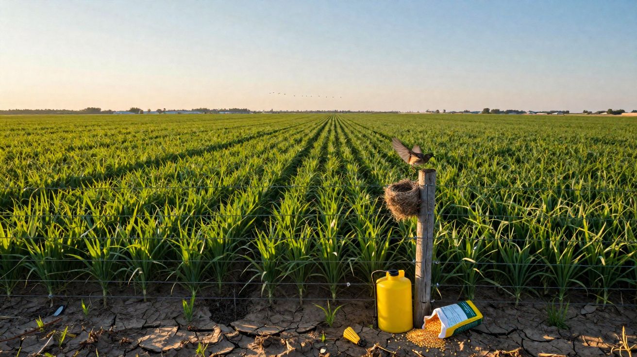 Campo de milho com plantas jovens, um poleiro com ninho e pássaro, e fertilizantes no primeiro plano.