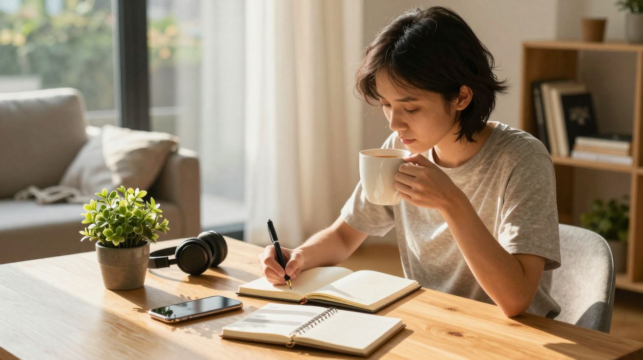 Pessoa a beber de uma chávena enquanto escreve num caderno numa mesa de madeira iluminada pela luz natural.