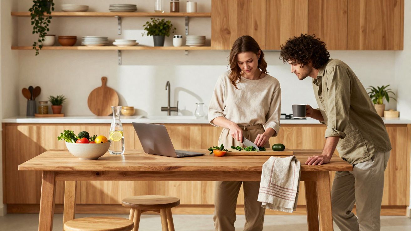 Casal prepara legumes numa cozinha moderna com bancadas de madeira e laptop aberto.
