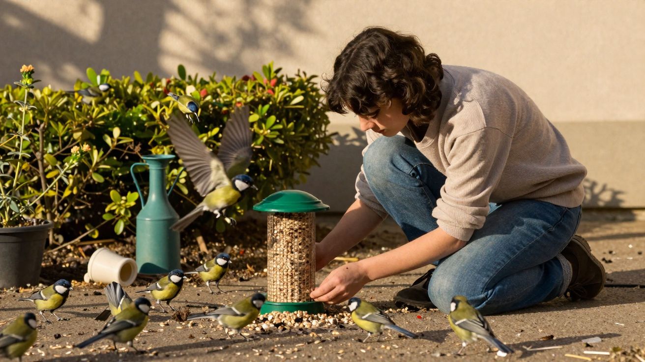 Pessoa ajoelhada junto a comedouro de pássaros, alimentando várias aves em ambiente exterior.