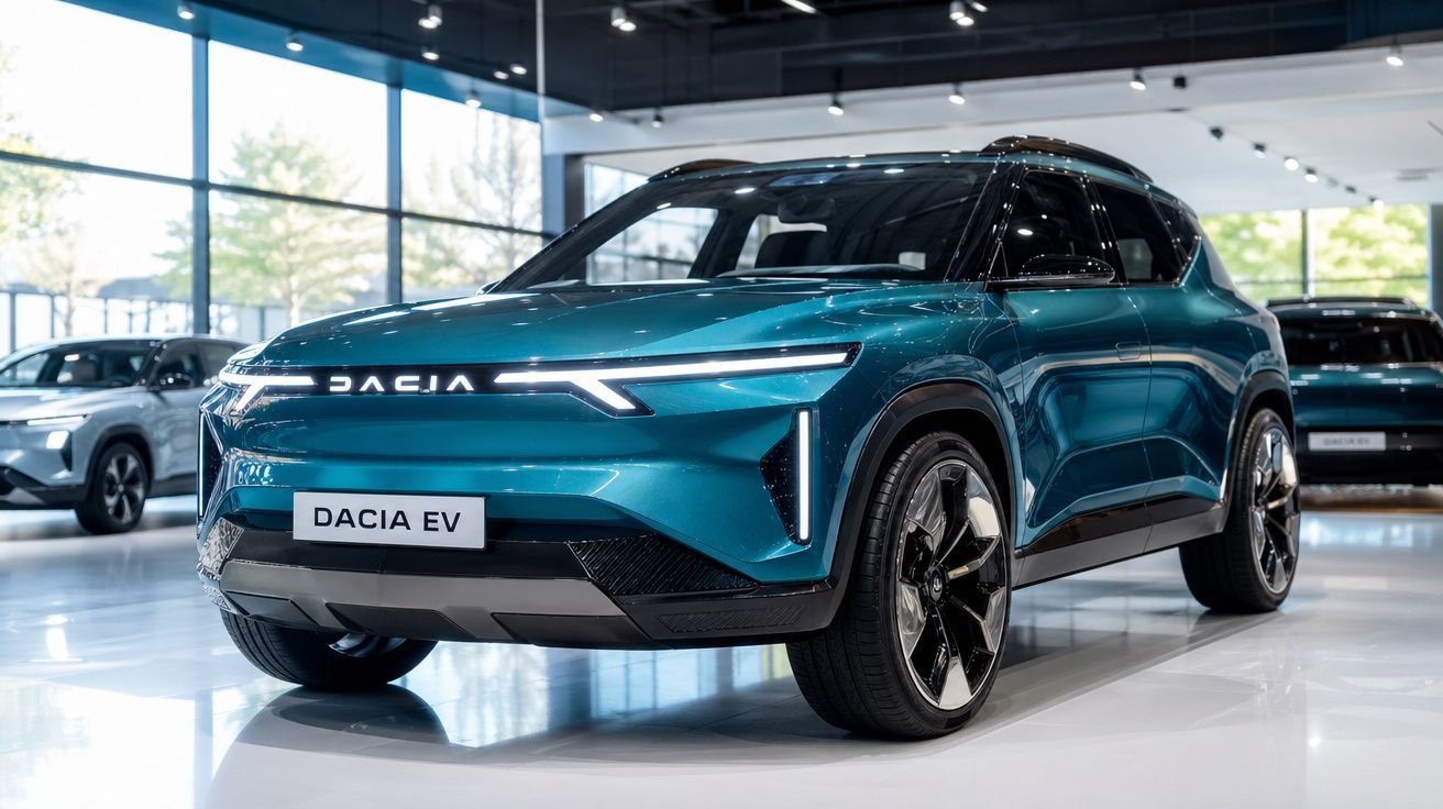 Carro elétrico Dacia EV azul exposto numa sala de exposição moderna e iluminada.