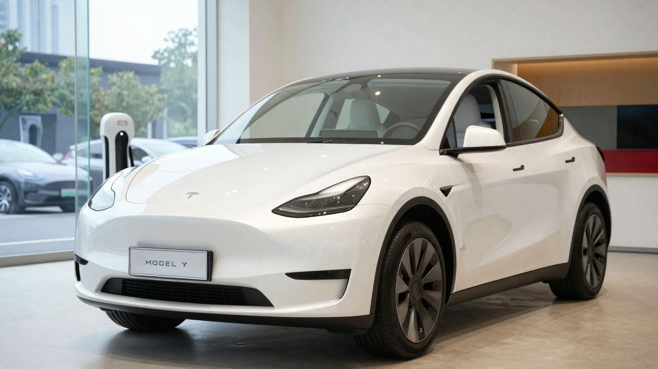 Carro elétrico branco Tesla Model Y estacionado em espaço interior com carregador elétrico ao lado.
