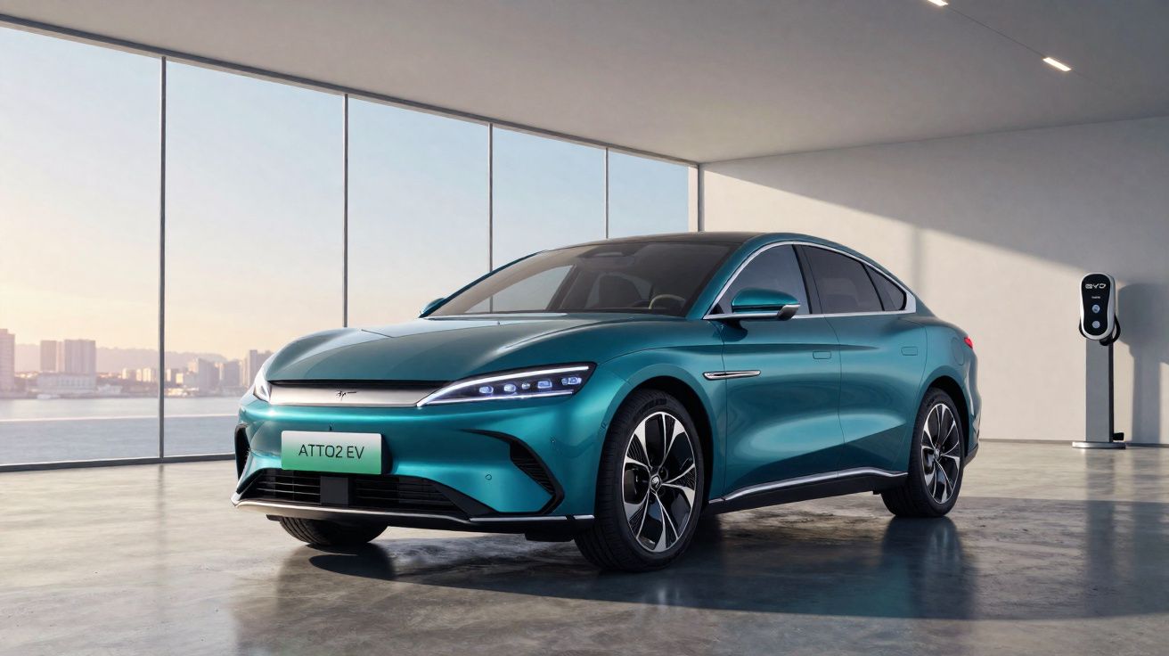 Carro elétrico cinza azul estacionado num espaço moderno com janelas amplas e estação de carregamento.