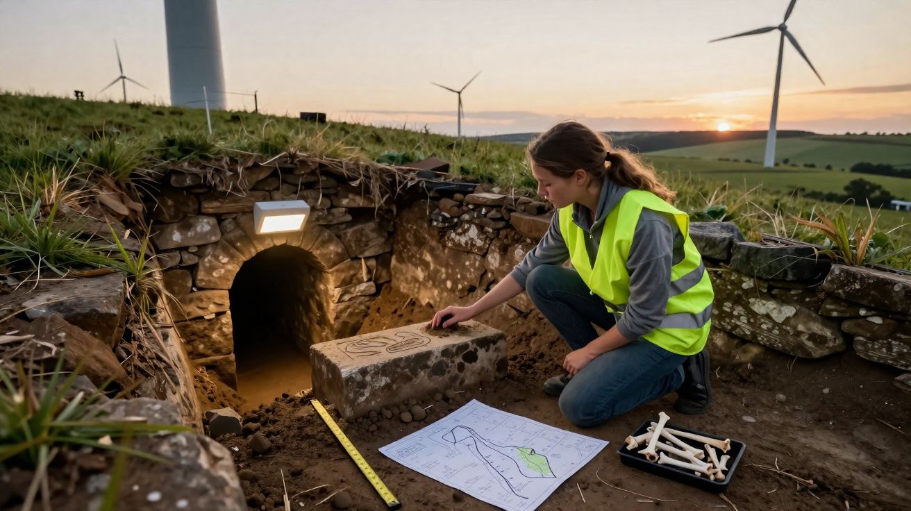 Arqueóloga a examinar bloco de pedra com gravuras num sítio arqueológico ao pôr do sol com turbinas eólicas ao fundo.