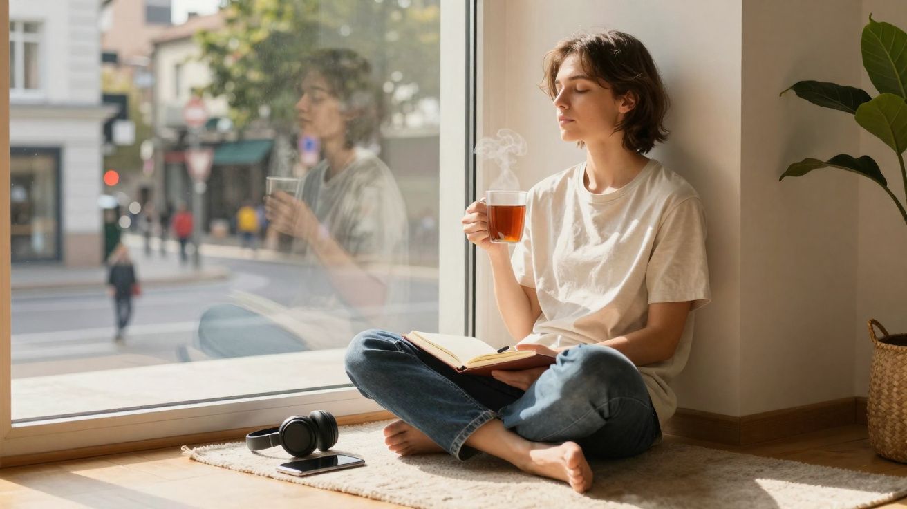 Pessoa sentada no chão junto a uma janela, a beber chá quente e a ler um livro, com expressão relaxada.