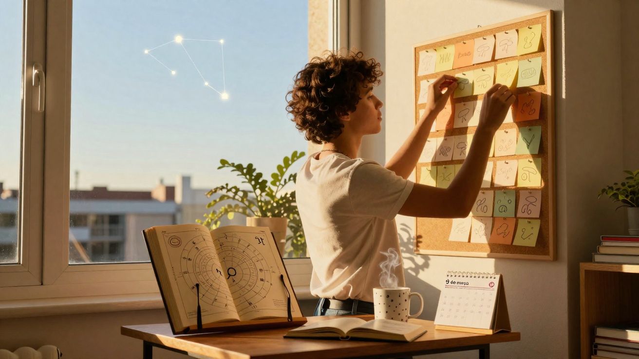 Pessoa de cabelo encaracolado organiza notas num quadro junto a uma janela com vista urbana ao pôr do sol.