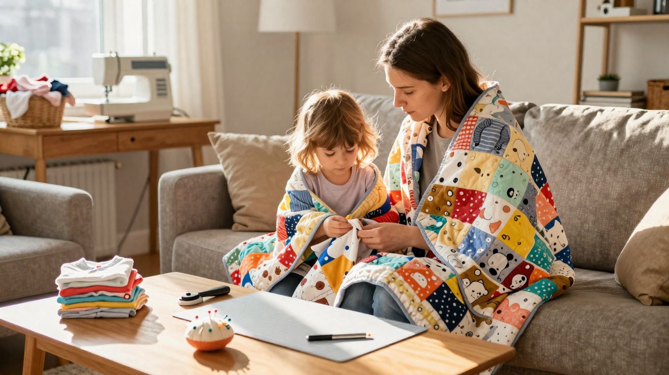 Mãe e filho sentados no sofá, envolvidos numa colcha colorida, a fazer trabalhos manuais juntos.