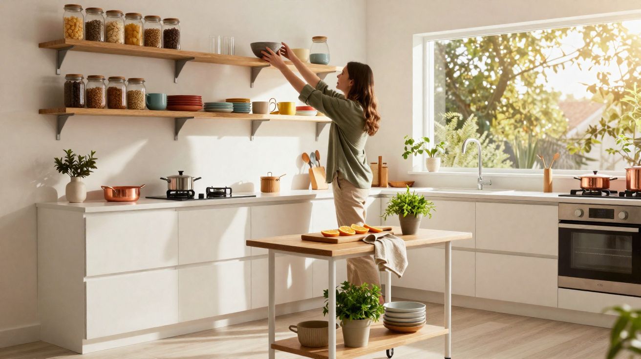 Mulher a organizar pratos em prateleiras de cozinha luminosa com plantas e utensílios organizados.