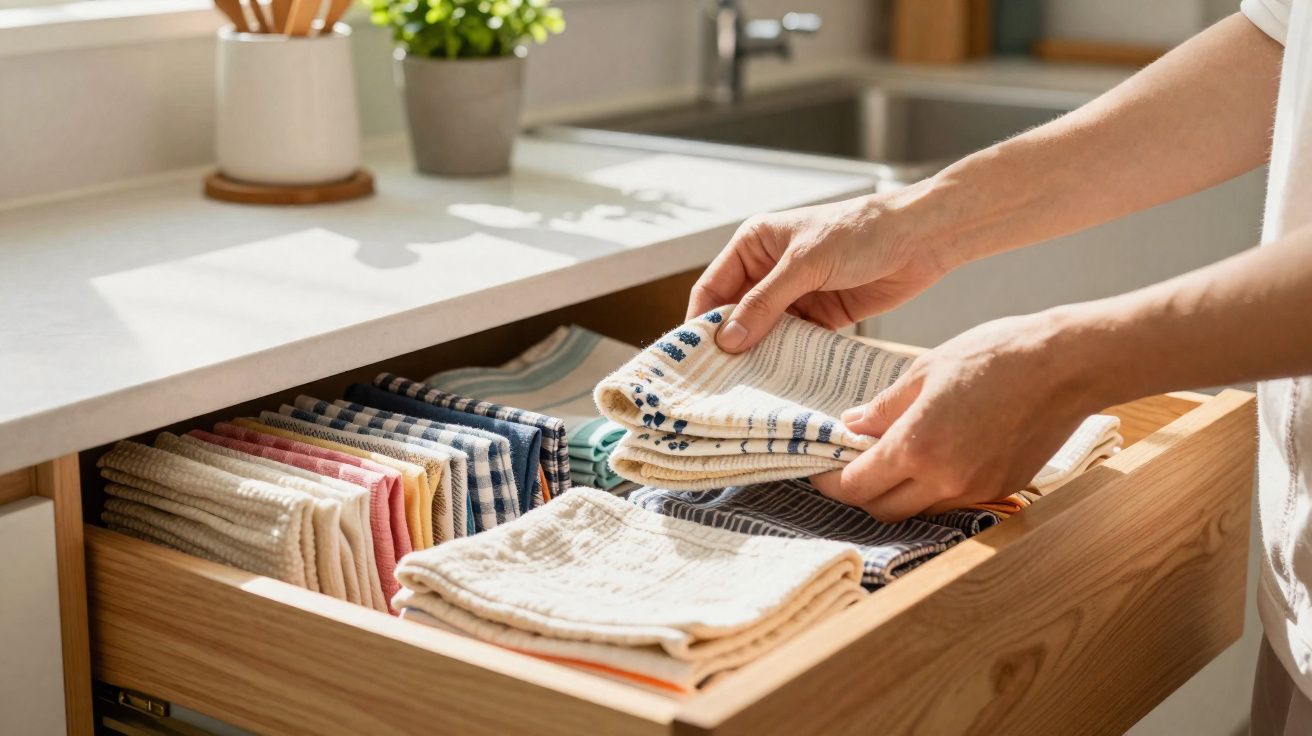 Mãos a arrumar panos de cozinha dobrados num armário de madeira próximo da bancada da cozinha.