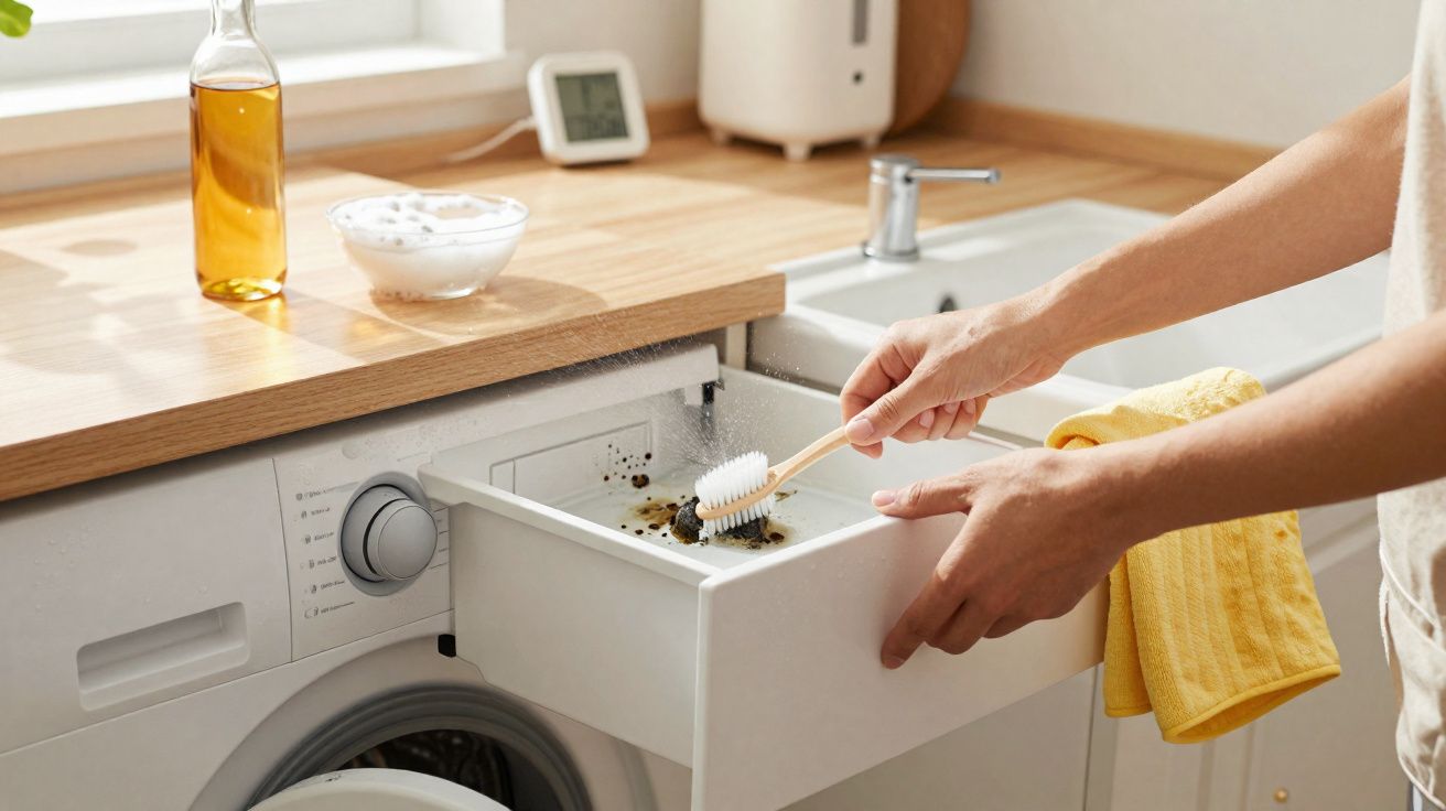 Pessoa a limpar uma gaveta suja com uma escova ao lado de uma máquina de lavar roupa.