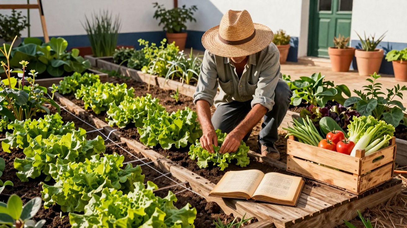 Homem a cuidar de alfaces num jardim, com chapéu de palha e caixa de legumes frescos ao lado.