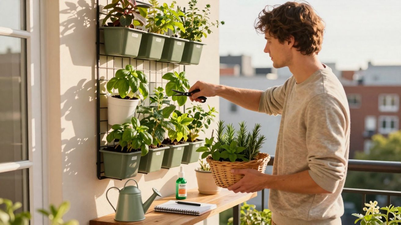 Homem cuida de plantas aromáticas num jardim vertical com luz natural numa varanda urbana.