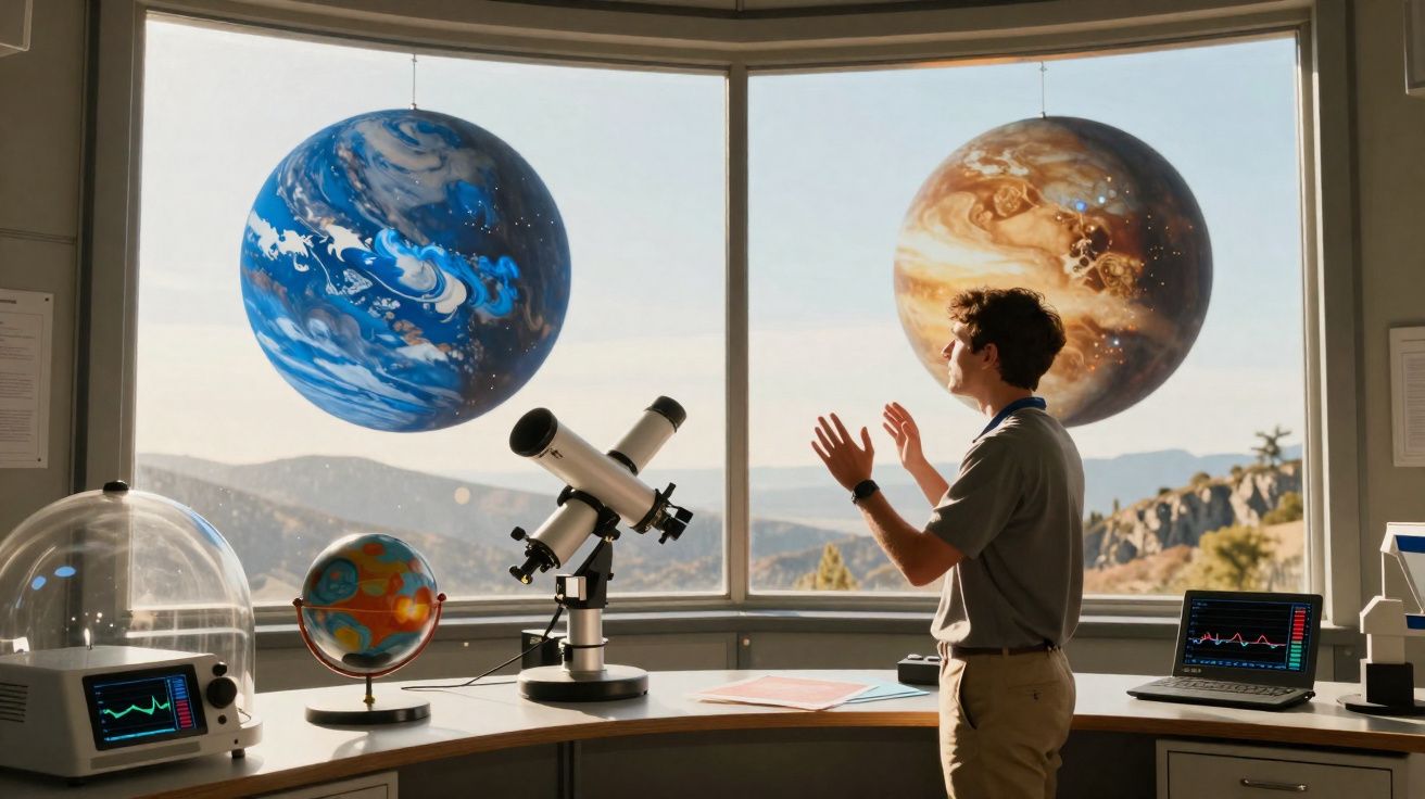 Homem observa planetas em modelo com telescópio e computador numa sala com vista para montanhas.