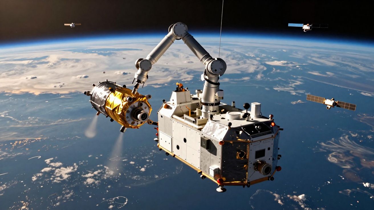 Estação espacial com braço robótico manipula módulo dourado em órbita terrestre com satélites ao fundo.