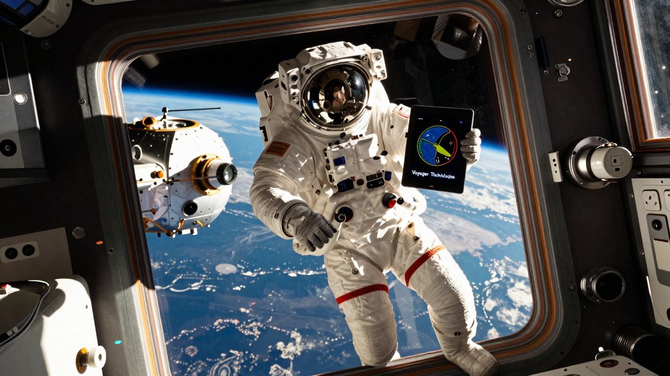 Astronauta em fato espacial flutua no espaço junto à estação espacial com a Terra ao fundo.