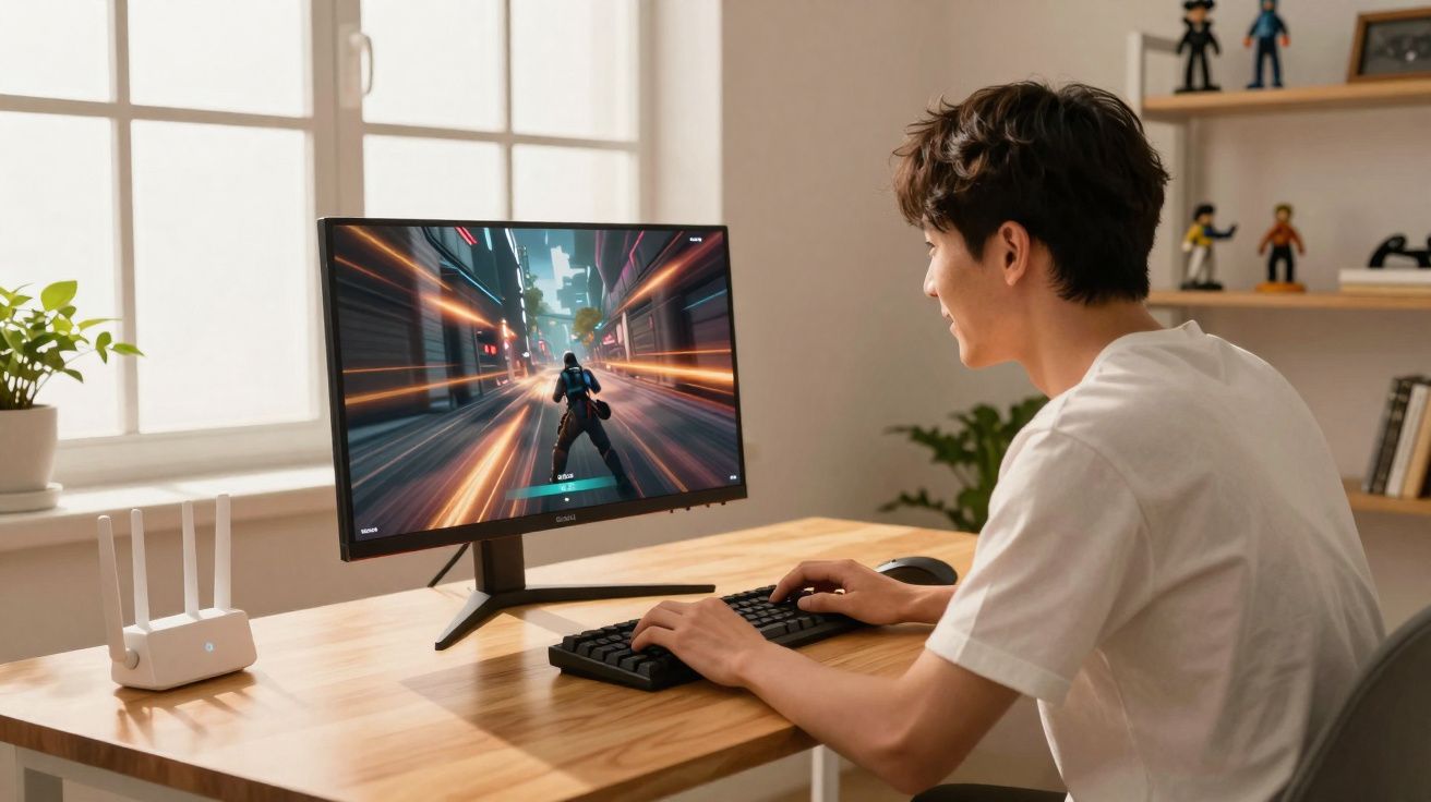 Homem jovem sentado a jogar videojogo num computador de secretária em ambiente doméstico iluminado.