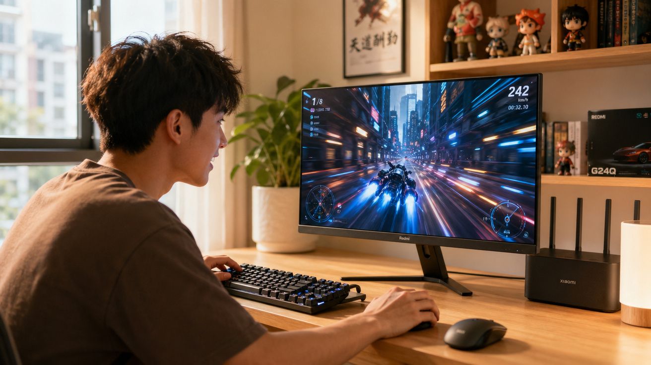 Jovem a jogar videojogo de corrida futurista num monitor ultrawide numa secretária organizada com router e figuras decorativa