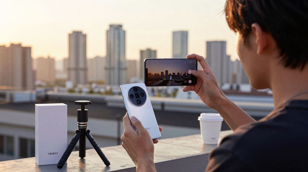 Pessoa a tirar foto de edifícios altos com smartphone branco Oppo, tripé e caixa ao lado ao pôr do sol.
