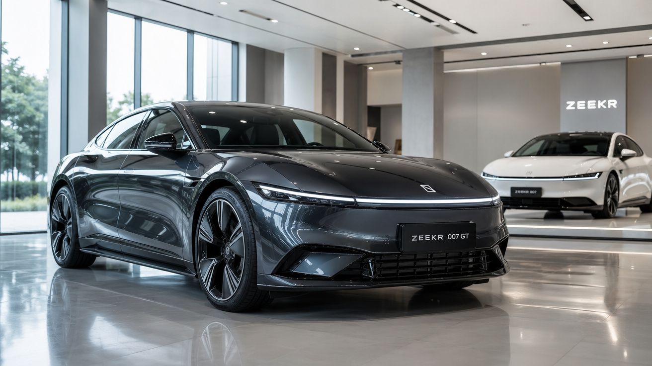 Carro elétrico desportivo Zeekr 007 GT cinzento exposto em showroom moderno e elegante.