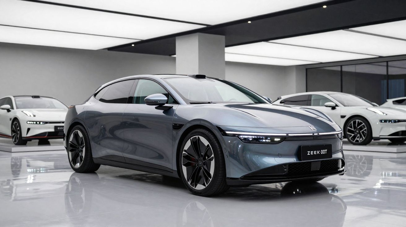 Carro elétrico cinza Zeekr 001 num showroom moderno com outros carros ao fundo.