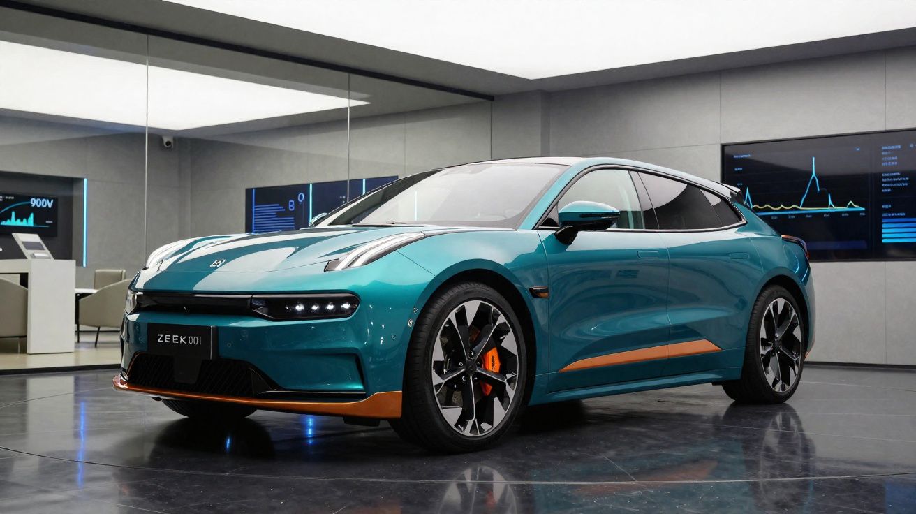 Carro elétrico azul e laranja moderno exibido em showroom com ecrãs digitais ao fundo.