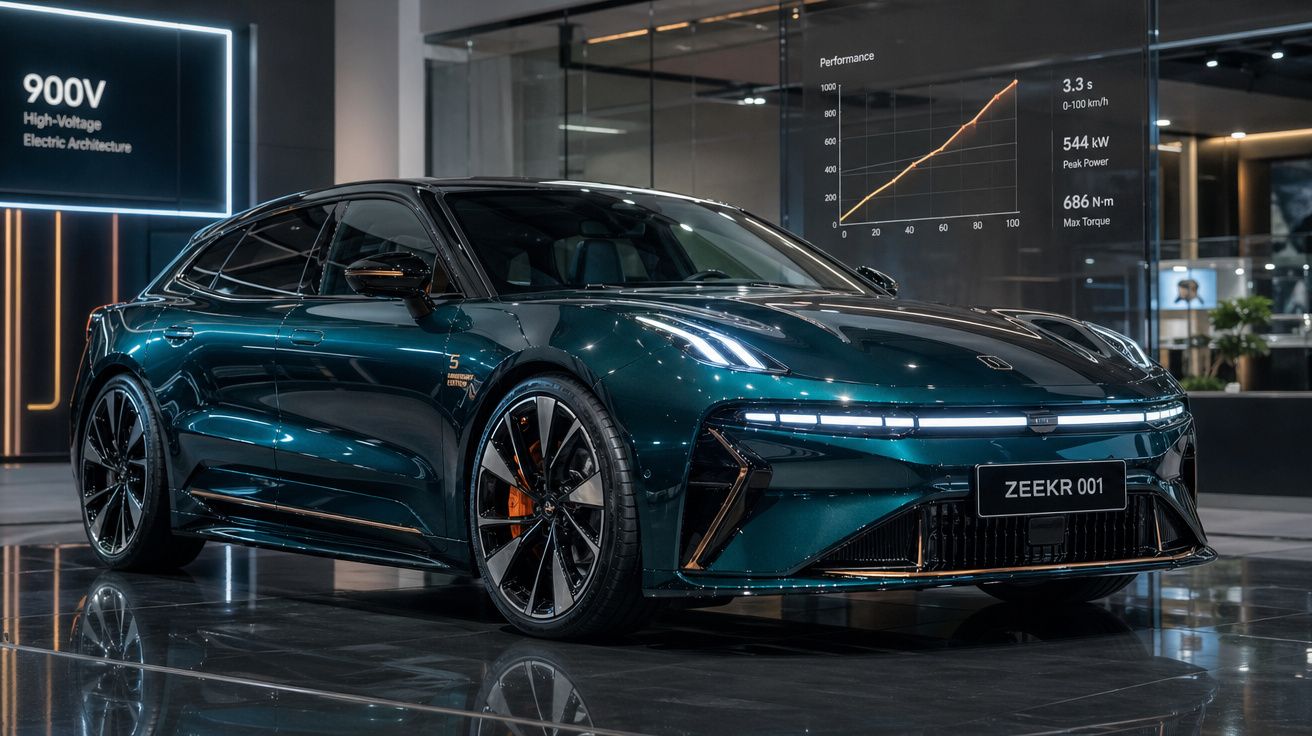 Carro elétrico desportivo verde escuro ZEEKR 001 num salão moderno com gráficos de desempenho ao fundo.
