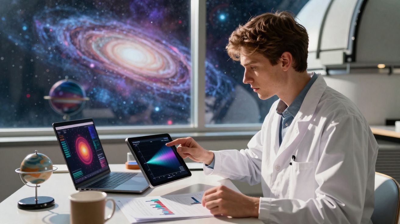 Jovem cientista com bata branca analisa gráficos num tablet, com vista para uma galáxia através da janela.