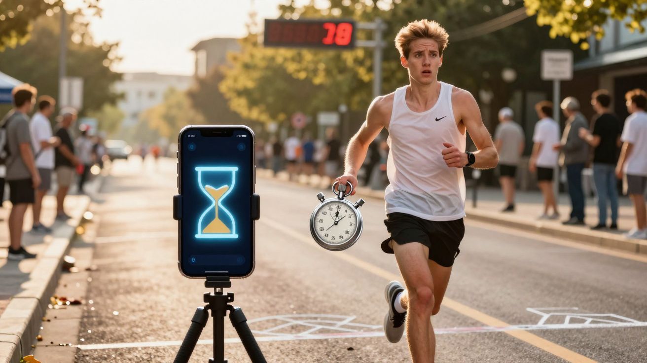 Homem a correr numa estrada durante uma corrida, segurando um cronómetro, com temporizador digital e telemóvel a mostrar ampu