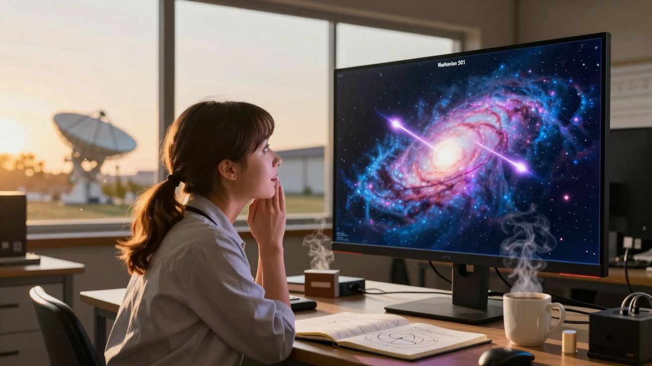 Mulher a observar imagem de galáxia no ecrã de computador numa sala com antena parabólica ao fundo.