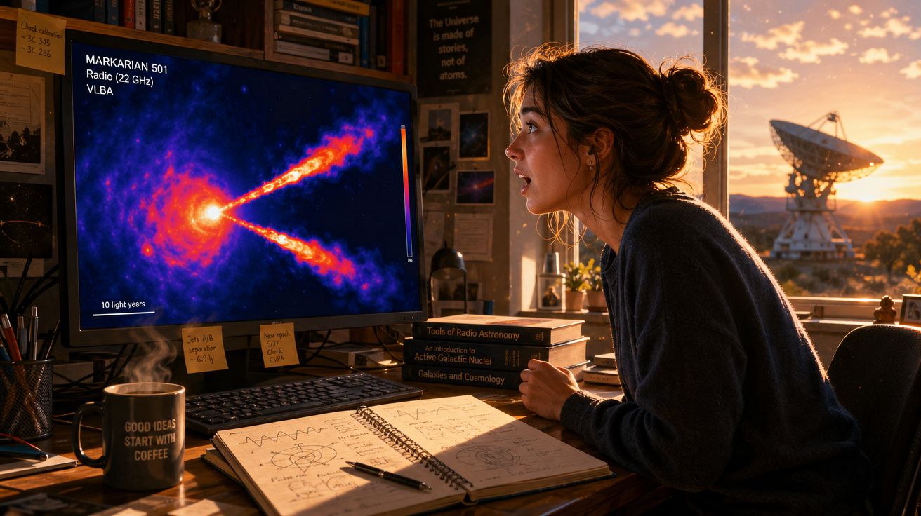 Mulher observa imagem de rádio do espaço numa secretária com livros, caderno e uma antena parabólica ao fundo ao pôr do sol.