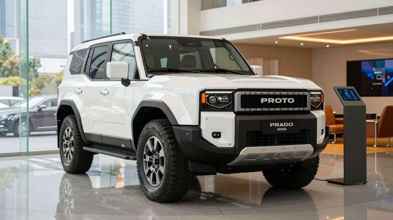 SUV branco Toyota Prado 2025 em exposição dentro de um salão moderno com grandes janelas.