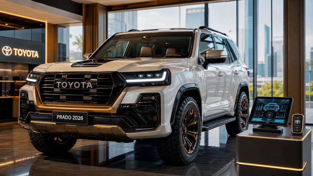 Toyota Prado 2026 branco exibido numa sala de exposição moderna com janelas grandes e tecnologia ao lado.