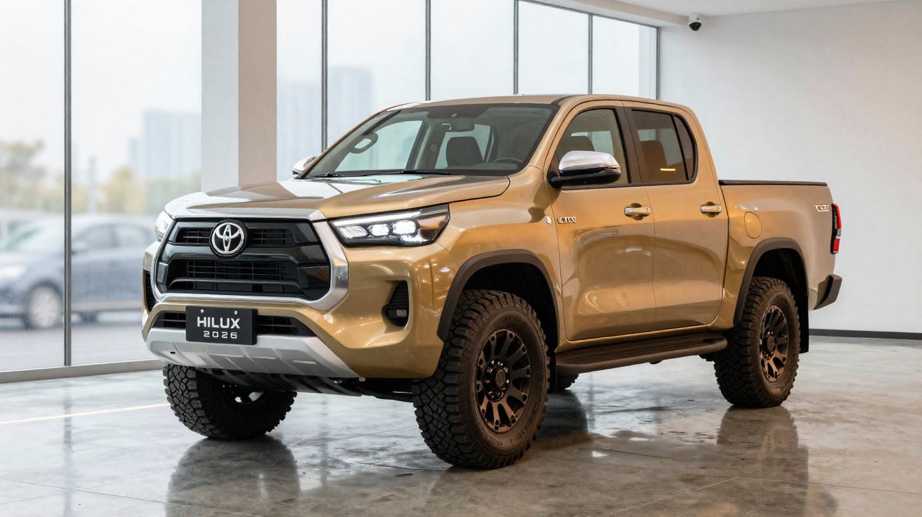 Pick-up Toyota Hilux 2026 dourada num showroom com janelas amplas.