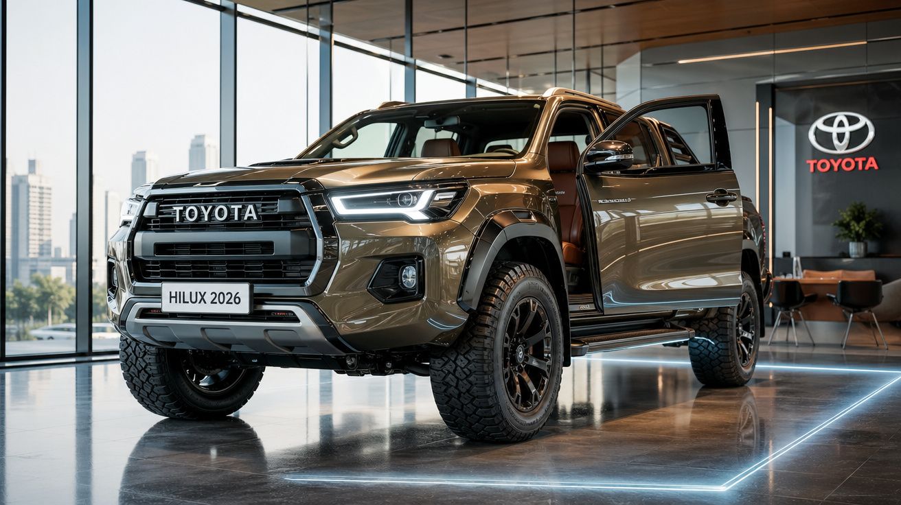 Toyota Hilux 2026 castanha com porta dianteira aberta em showroom moderno com vista urbana.