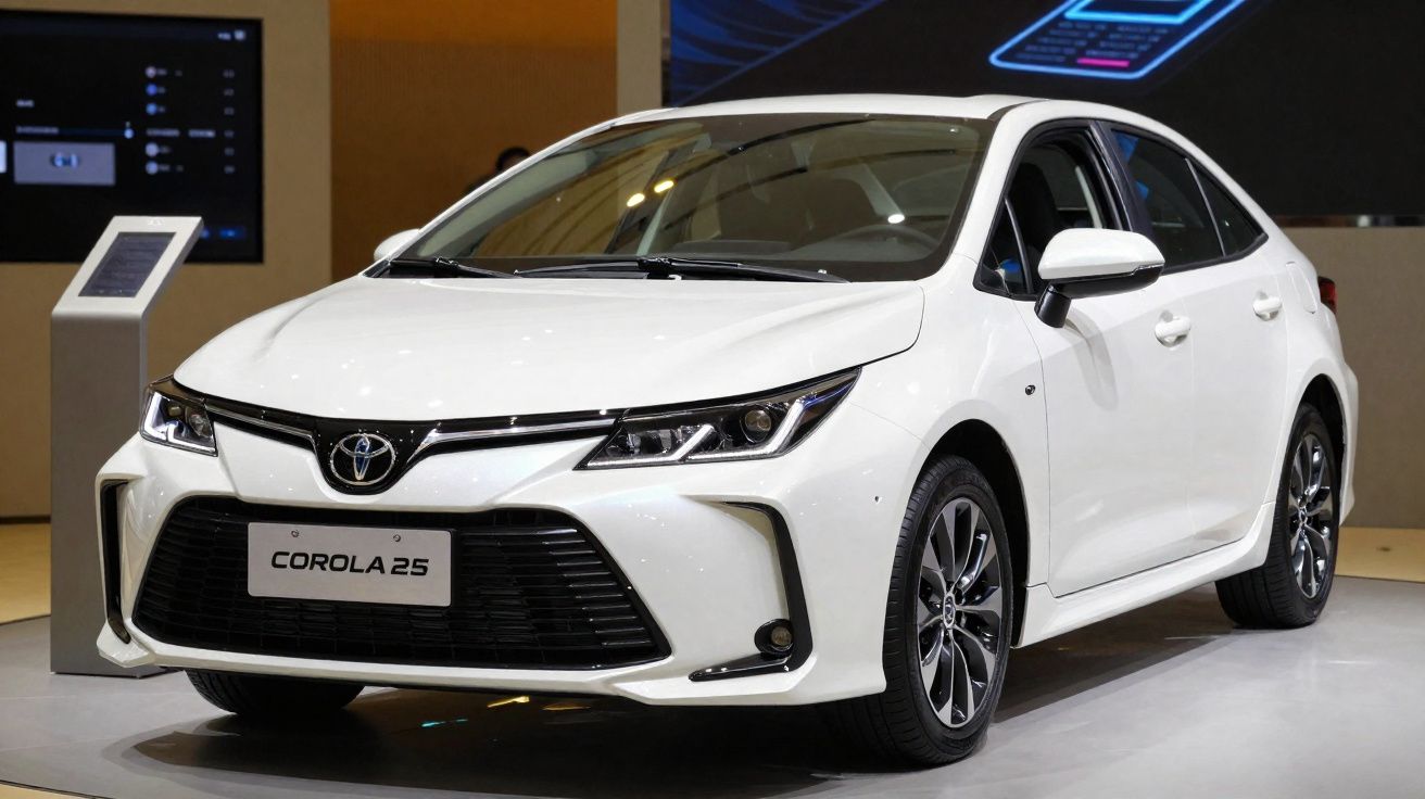 Carro branco Toyota Corolla 2.5 apresentado numa exposição com fundo neutro e iluminação interior.