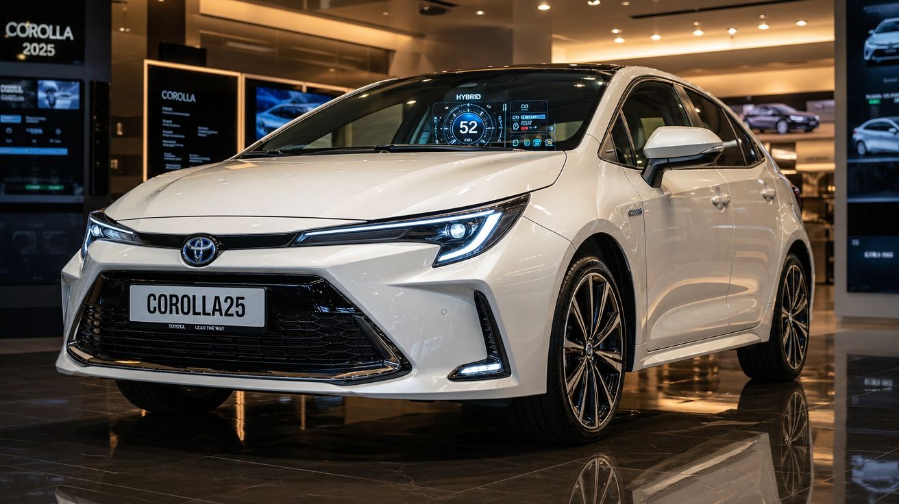 Carro Toyota Corolla branco em exposição numa concessionária, com placas COROLLA25 e painel digital visível.