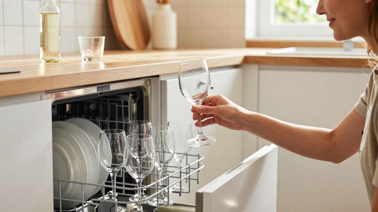 Pessoa a retirar copos de vinho limpos da máquina de lavar louça numa cozinha moderna.