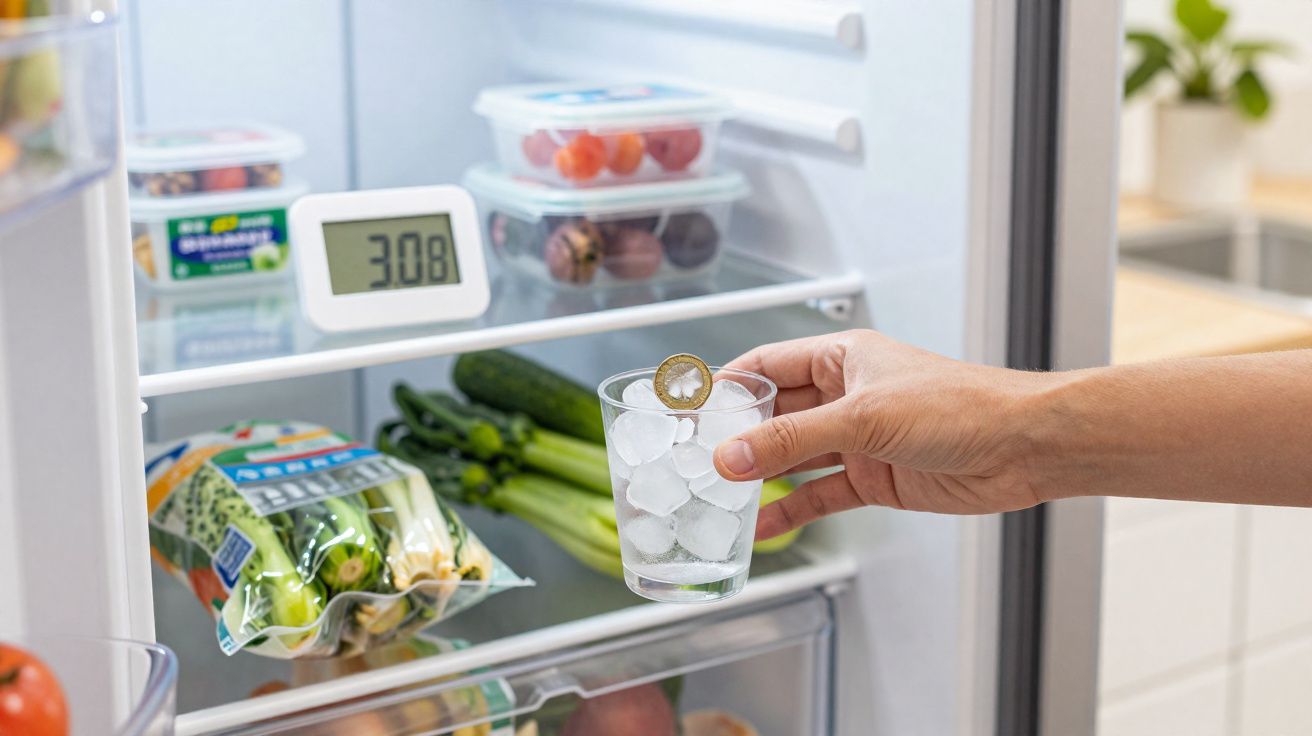 Mão a tirar copo com cubos de gelo do frigorífico aberto cheio de legumes e fruta embalados.