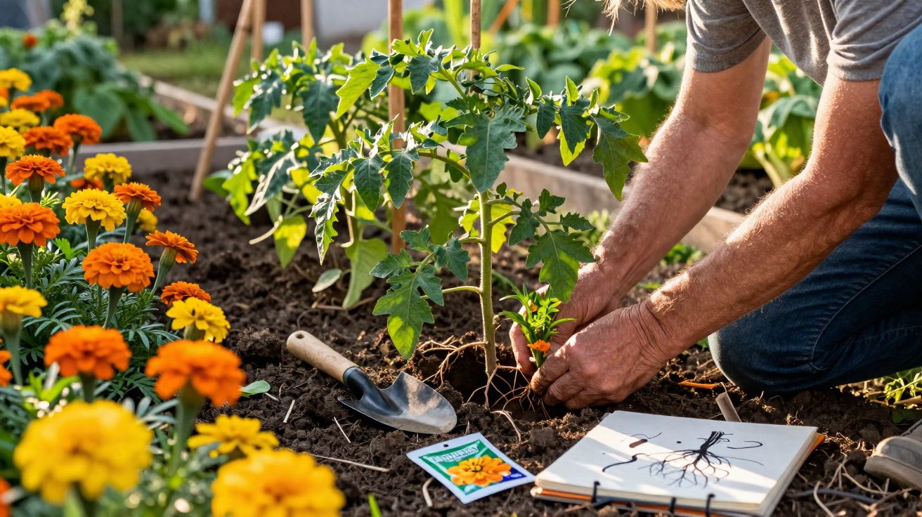 Pessoa plantando muda de flor amarela num jardim com flores e ferramentas de jardinagem à volta.