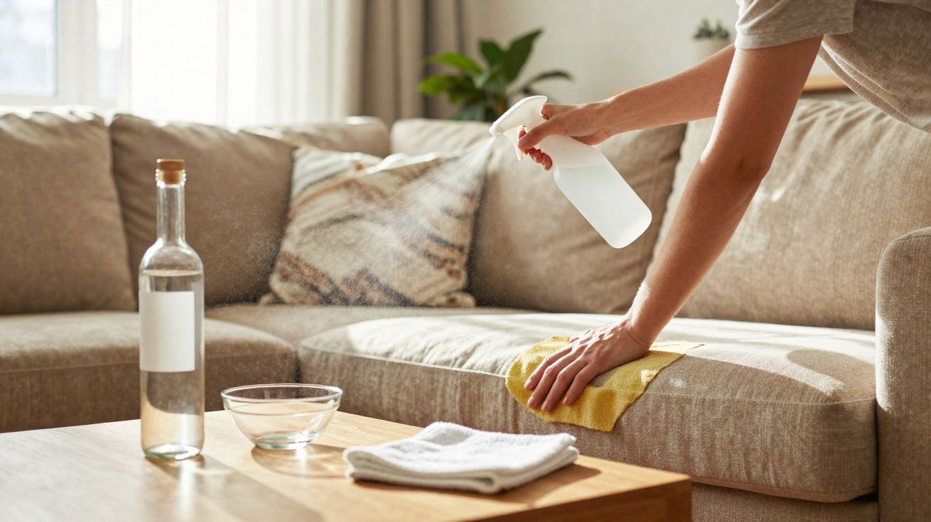Pessoa a limpar sofá bege com pano amarelo e spray, mesa de madeira com toalha e garrafa de vidro.
