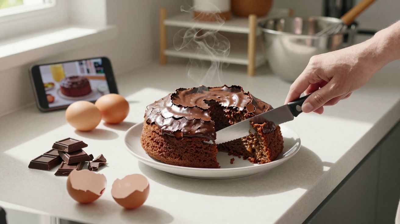 Bolo de chocolate quente a ser cortado numa cozinha, com ovos, tabletes de chocolate e smartphone ao fundo.