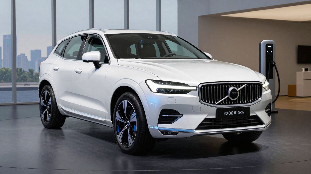 Carro elétrico Volvo branco a carregar numa estação de carregamento num espaço interior moderno.