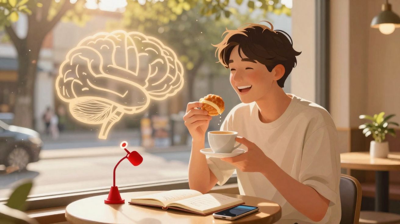 Jovem sentado numa cafeteria a tomar café e comer croissant, com livro e telemóvel na mesa.