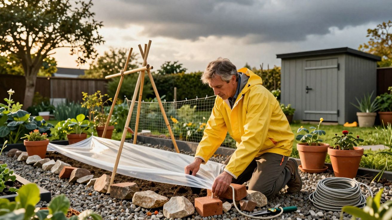 Homem com casaco amarelo a proteger plantas com plástico num jardim durante fim de tarde nublado.