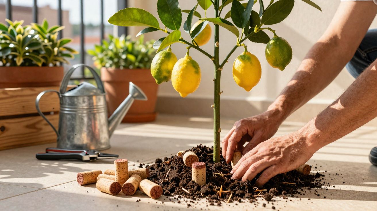 Pessoa a plantar árvore de limão em ambiente fechado com rolhas de cortiça e regador ao lado.